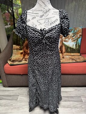 NWOT Black and White Polka Dot Midi Dress - Puff Sleeve